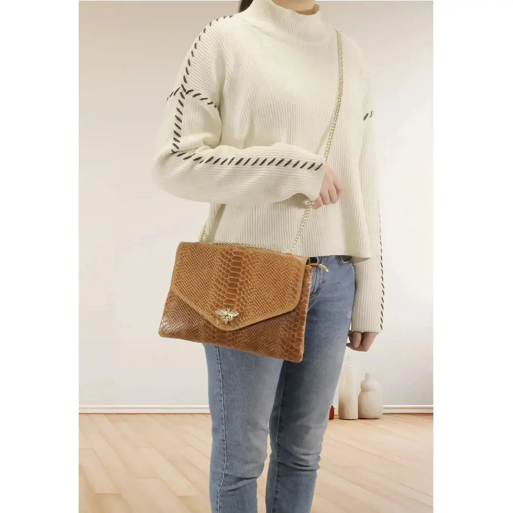 Sac bandoulière chaîne cuir femme croco camel – Image 5