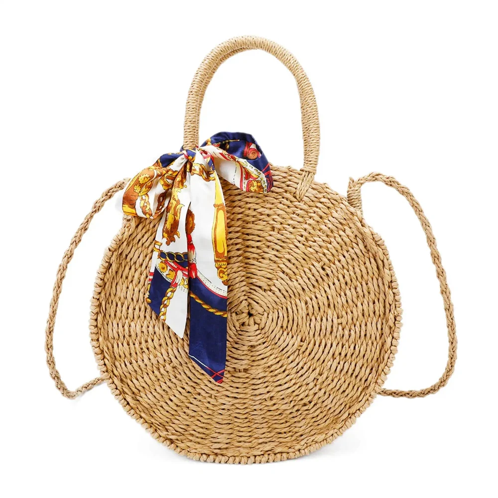 Sac à main femme rond paille tressé bleu – Image 2
