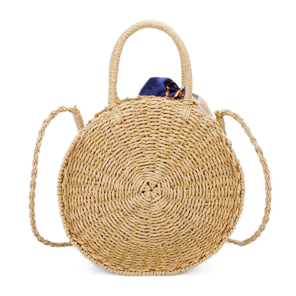 Sac à main femme rond paille tressé bleu – Image 5