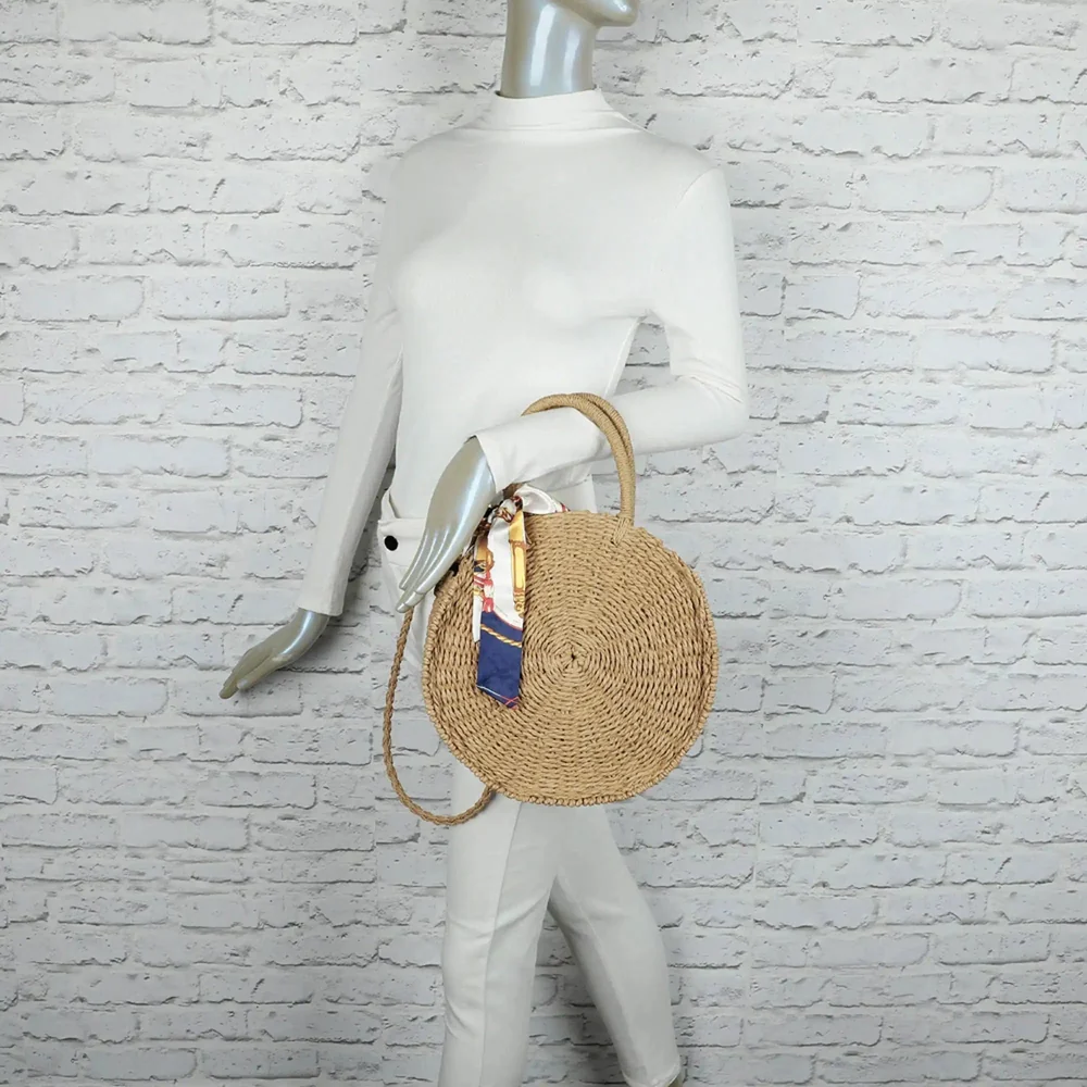 Sac à main femme rond paille tressé bleu – Image 3