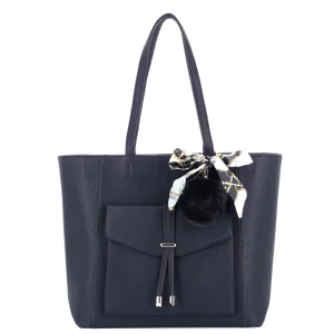 Sac cabas femme pompon foulard poche bleu marine