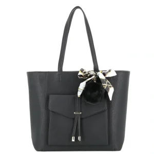 Sac cabas femme pompon foulard poche noir