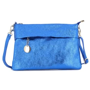 Pochette bandoulière cuir irisé lanière Bleu