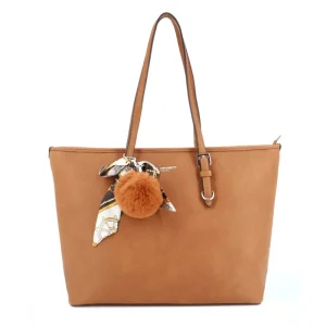 Sac à main de cours pompon foulard camel