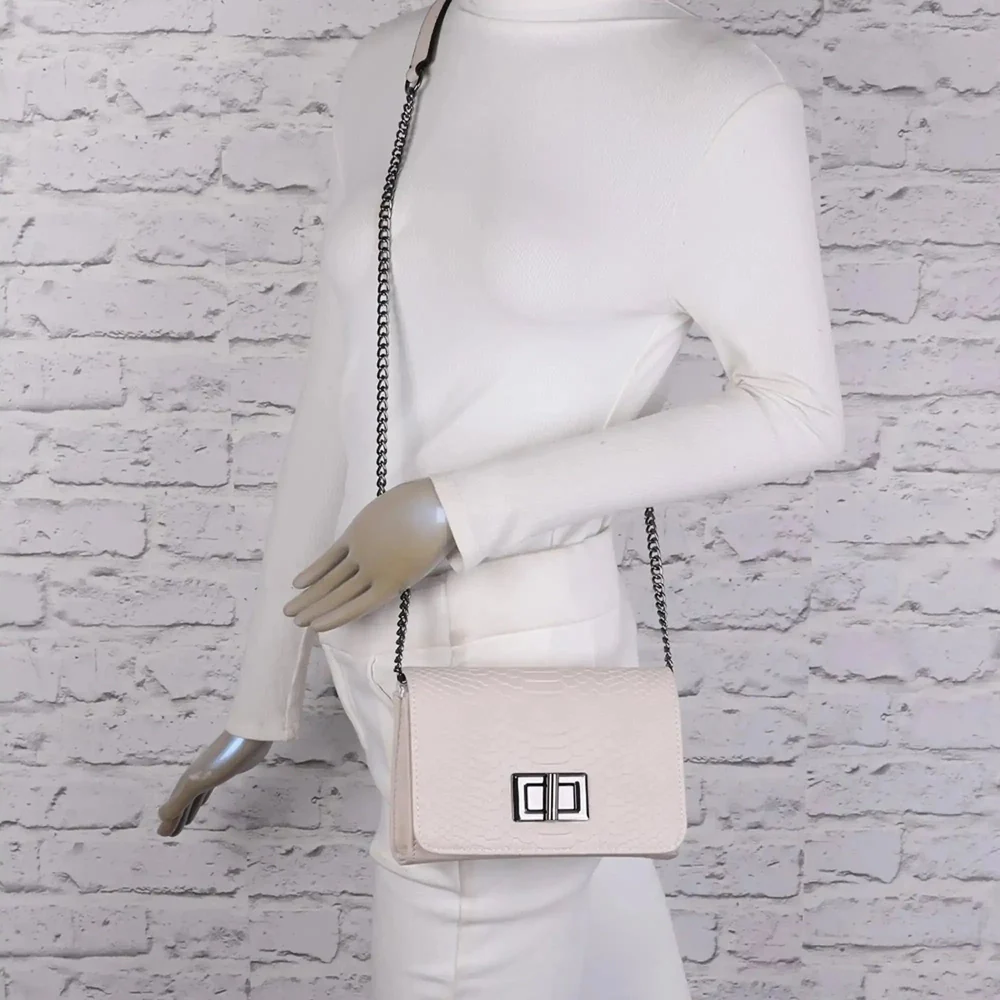 Sac bandoulière femme chaîne python beige – Image 5