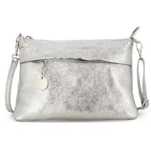 Pochette bandoulière cuir irisé lanière Argent