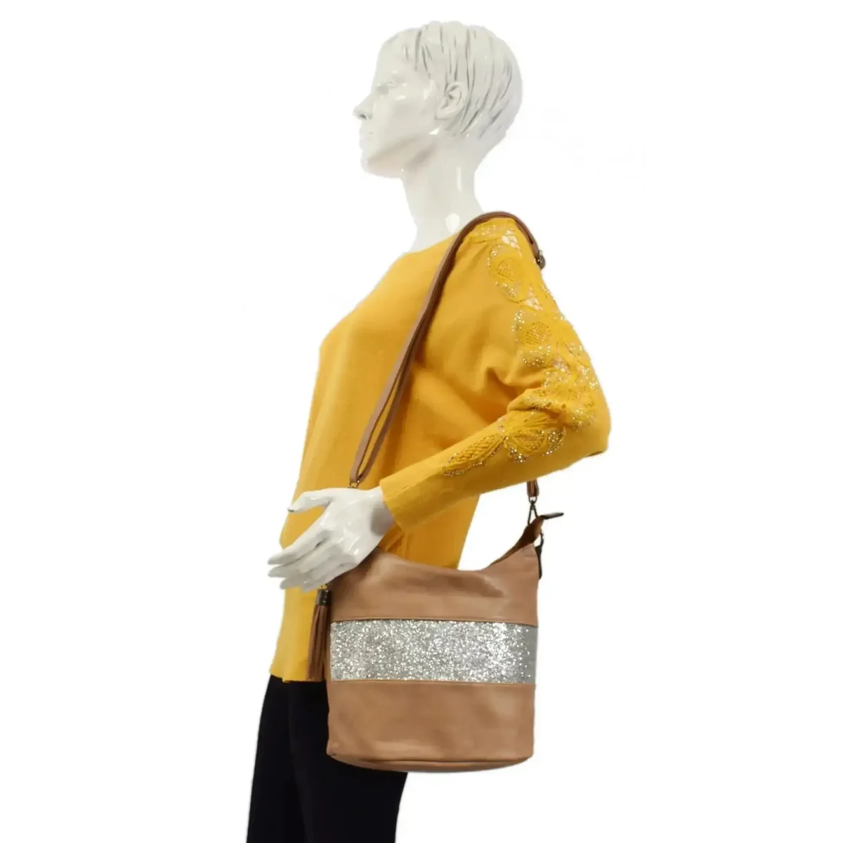 Sac à main bandoulière paillette femme taupe – Image 7