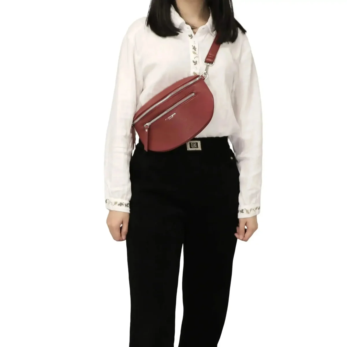 Sac banane bandoulière femme multipoches rouge foncé – Image 3