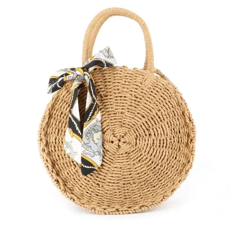 Sac à main femme rond paille tressé marron – Image 2