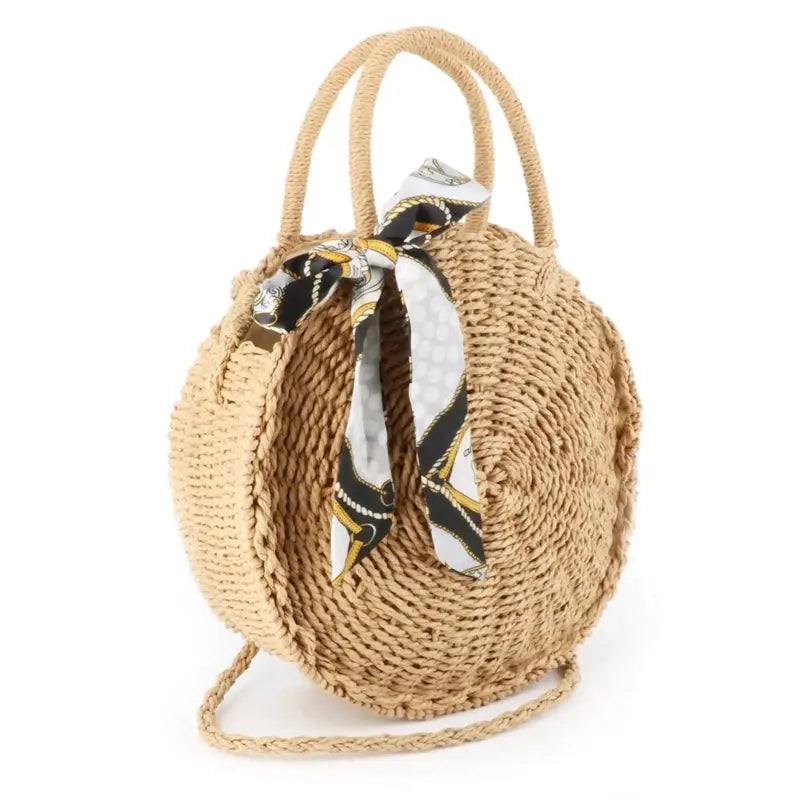 Sac à main femme rond paille tressé marron – Image 3