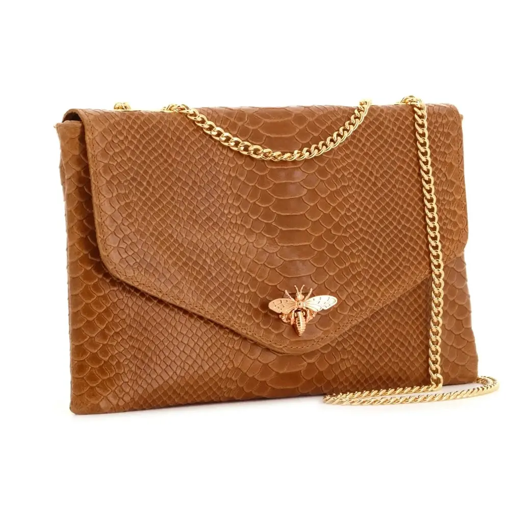 Sac bandoulière chaîne cuir femme croco camel – Image 3