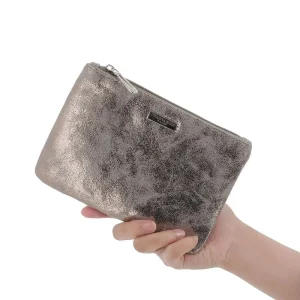 Pochette femme suédine irisé taupe métal