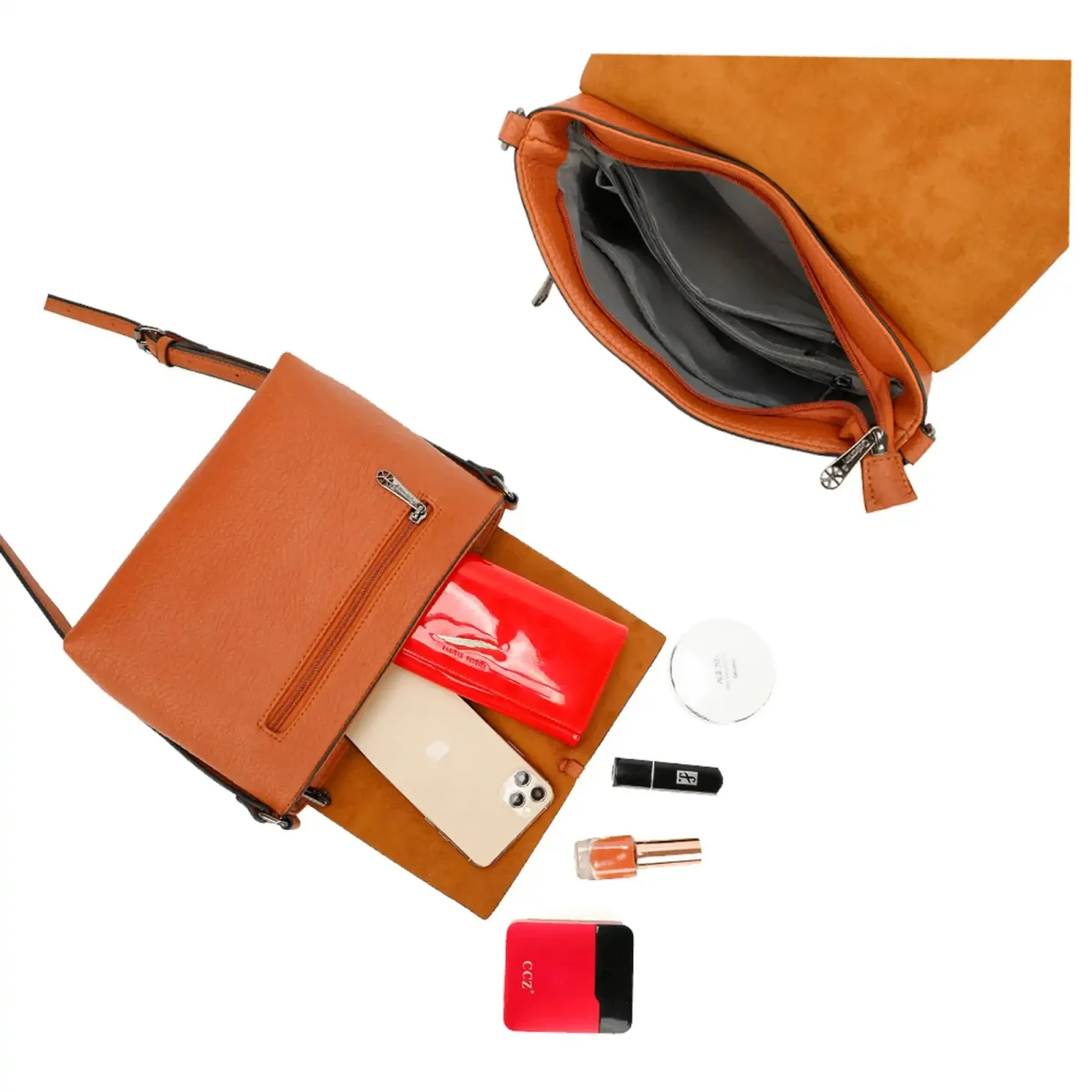 Sac bandoulière femme multipoche marron – Image 7