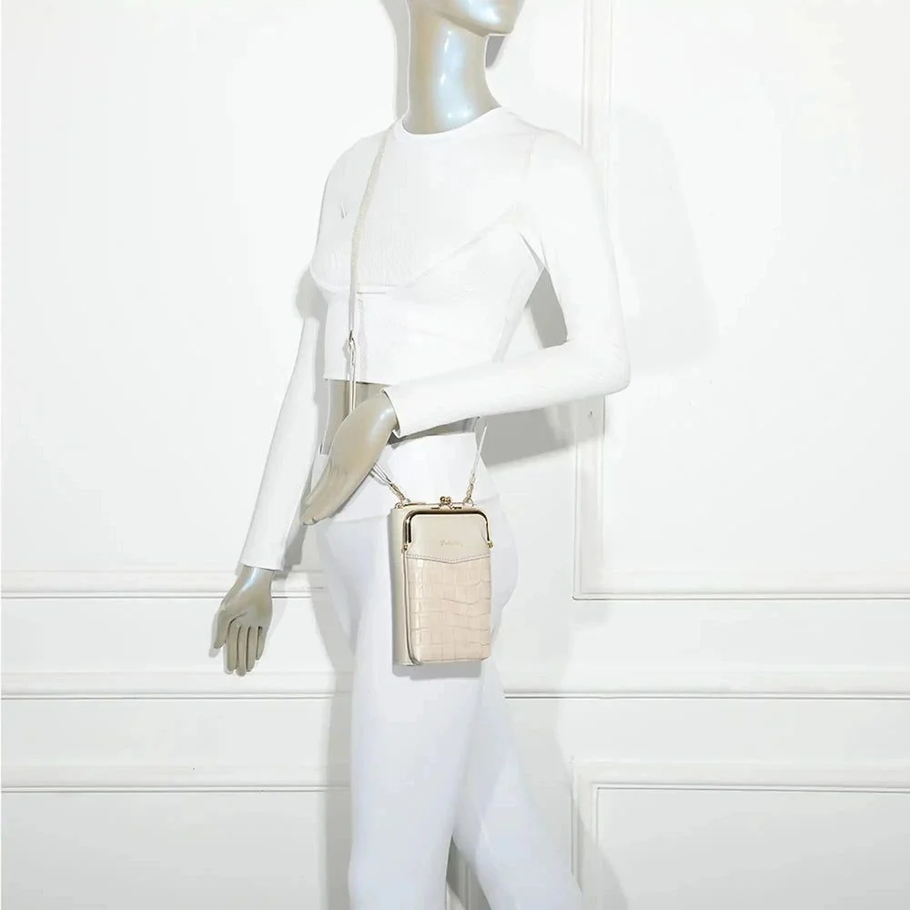 Pochette téléphone femme croco tout-en-un beige – Image 3