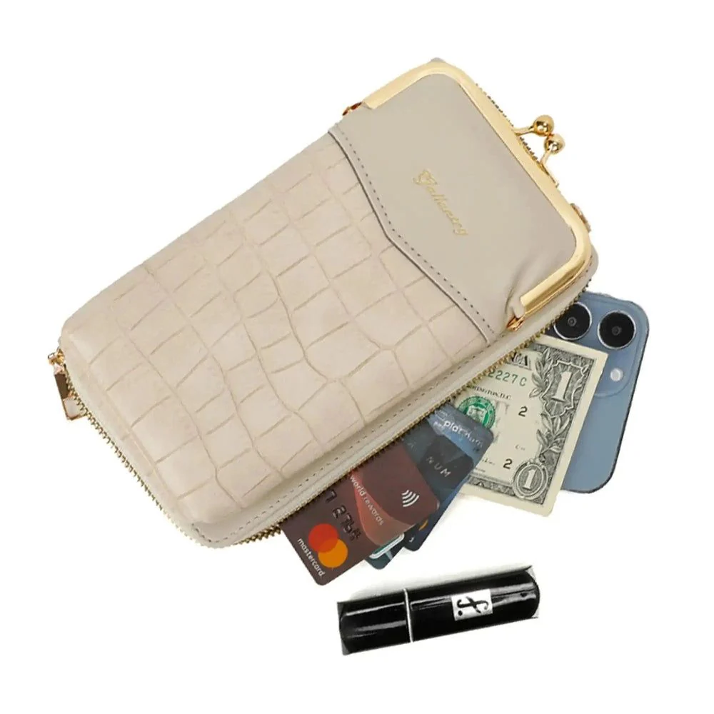 Pochette téléphone femme croco tout-en-un beige – Image 5