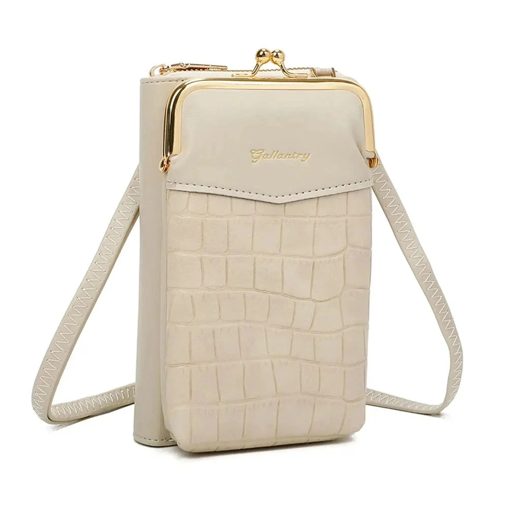 Pochette téléphone femme croco tout-en-un beige – Image 4