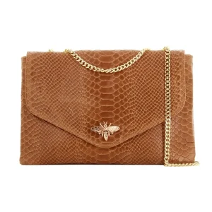 Sac bandoulière chaîne cuir femme croco camel