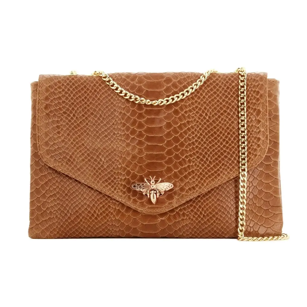 Sac bandoulière chaîne cuir femme croco camel