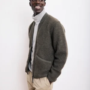 Veste Homme en Laine Bouillie Vert Militaire Bomber