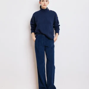 Pantalon Femme en Velours Côtelé Bleu Marine Pandore