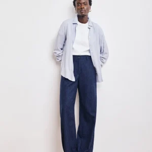 Pantalon Femme en Flanelle de Laine à Rayures Bleu Marine Positanon