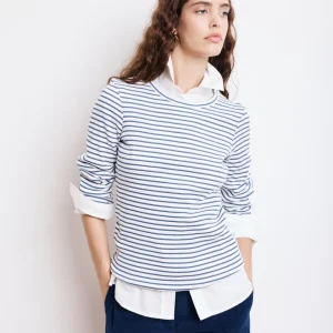 T-Shirt Femme en Coton Côtelé Ecru & Bleu Marine Take