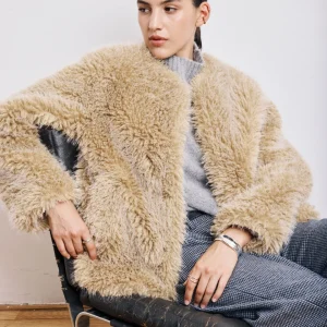 Manteau Femme en Fausse Fourrure à Poils Longs Beige Vivette