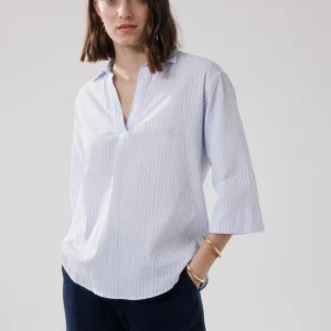 Blouse Femme en Seersucker Blanc & Bleu Cola