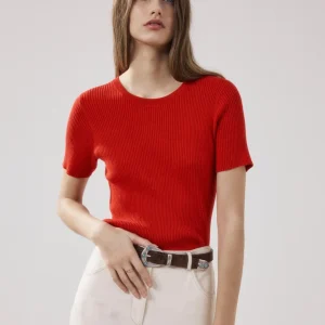 T-shirt Femme en Coton & Soie Côtelé Rouge Marty