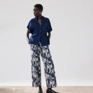 Pantalon Femme en Coton Imprimé Beige & Bleu Palerme