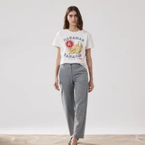 Pantalon Femme en Coton Imprimé Carreaux Vichy Beige & Bleu Marine Perf