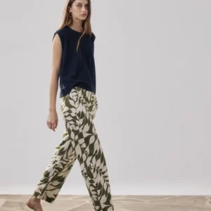 Pantalon Femme en Coton Imprimé Feuilles Blanc & Beige Perf