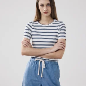T-Shirt Femme en Coton Côtelé Ecru & Bleu Marine Telopea
