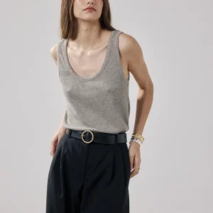 Débardeur Femme en Lurex & Viscose Côtelé Beige Teloa