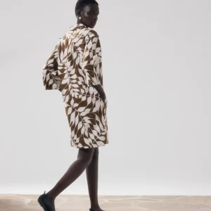 Robe Femme en Coton Imprimé Feuilles Blanc & Marron Ralli