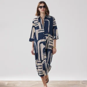 Robe Femme en Coton Imprimé Beige & Bleu Reflexion
