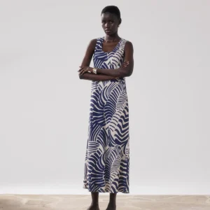 Robe Femme en Lin & Viscose Imprimé Beige & Bleu Rosabeth