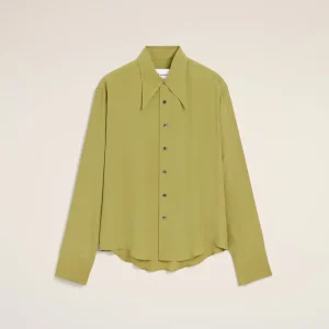 Chemise Ajustée Verte Col En Pointe en Soie Mélangée