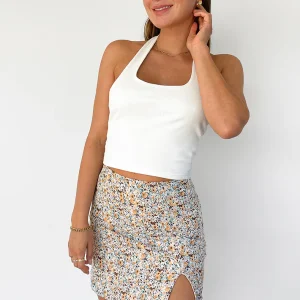 Jupe courte fleurie avec fente et boutons multicolore