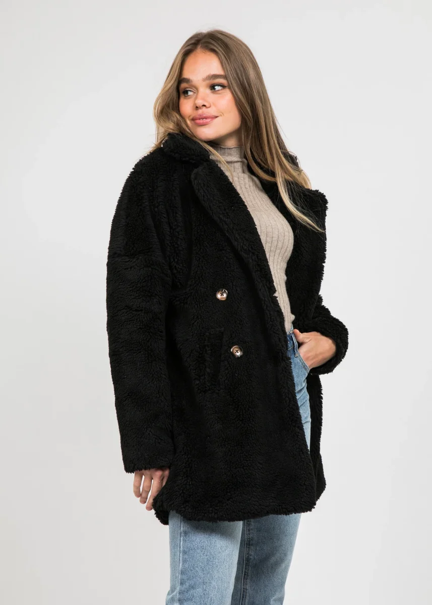 Manteau fausse fourrure noir – Image 3