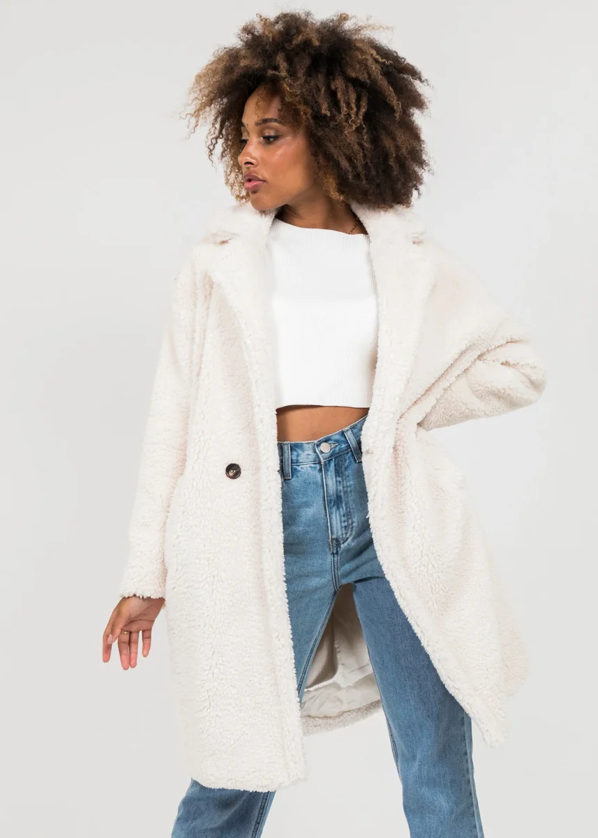 Manteau long crème effet peau de mouton – Image 6