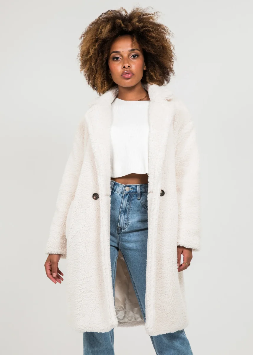 Manteau long crème effet peau de mouton – Image 7