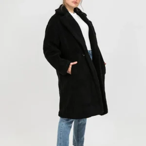 Manteau long noir effet peau de mouton