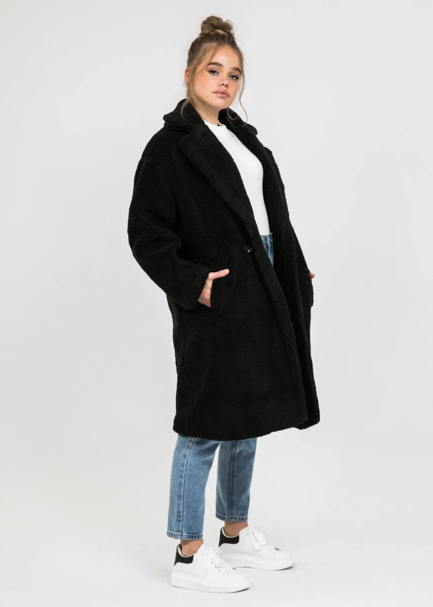 Manteau long noir effet peau de mouton – Image 2