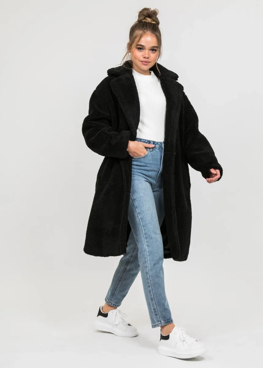 Manteau long noir effet peau de mouton – Image 5