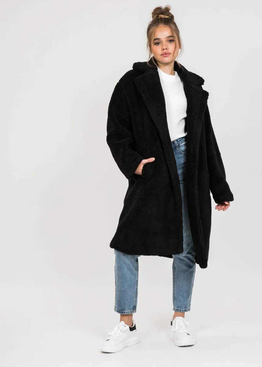 Manteau long noir effet peau de mouton – Image 6