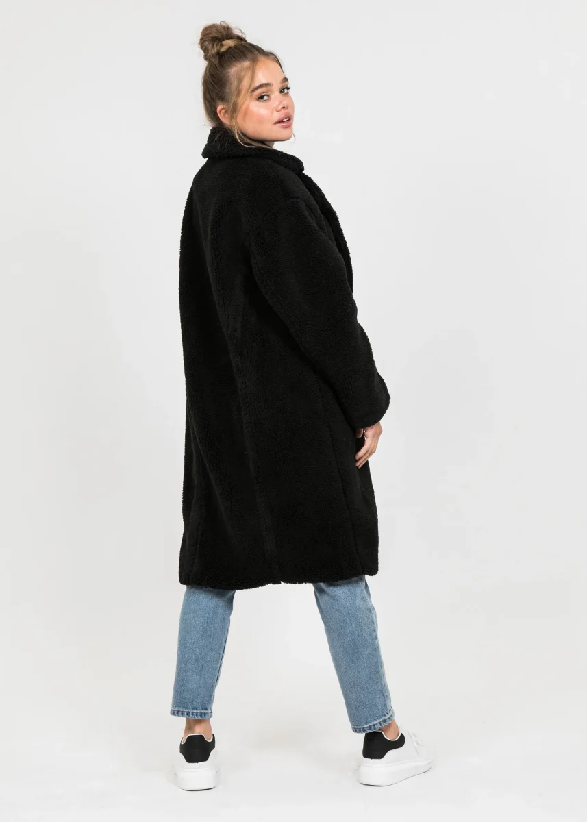 Manteau long noir effet peau de mouton – Image 3