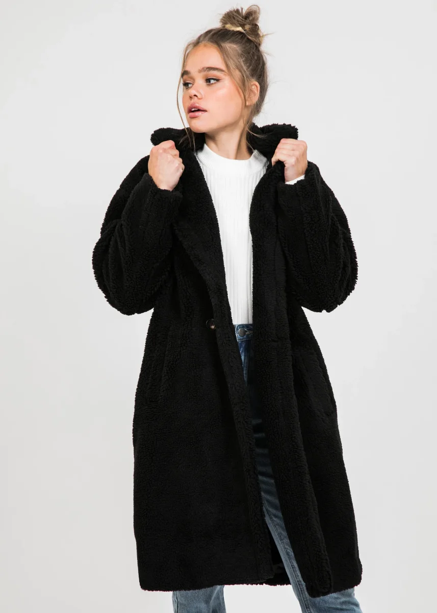 Manteau long noir effet peau de mouton – Image 4