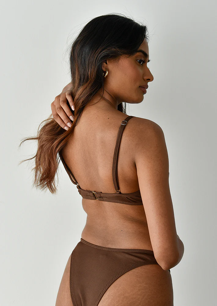 Top bikini côtelé marron armature V – Image 3