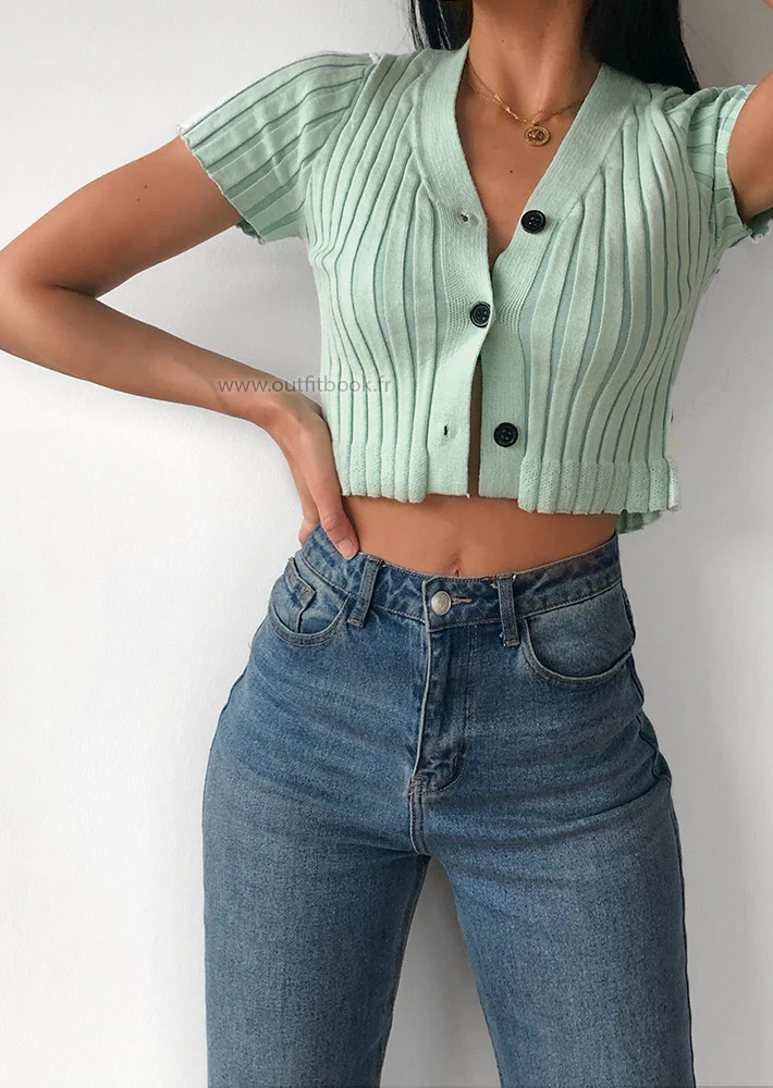 Top court boutonné vert pastel – Image 3